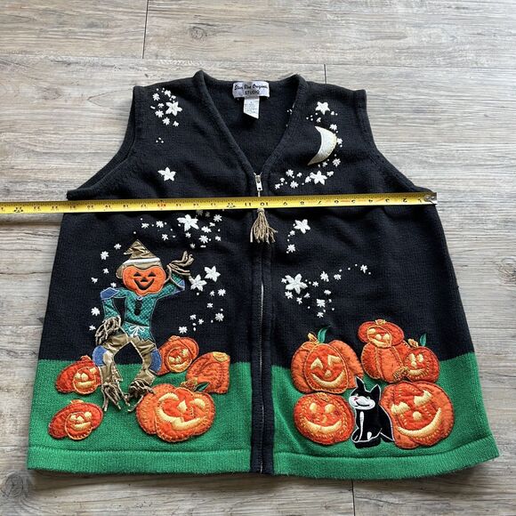 Halloween Sweater Vintage 90s Spooky Kitschy Festive Large Patch Black Orange - Picture 5 of 10